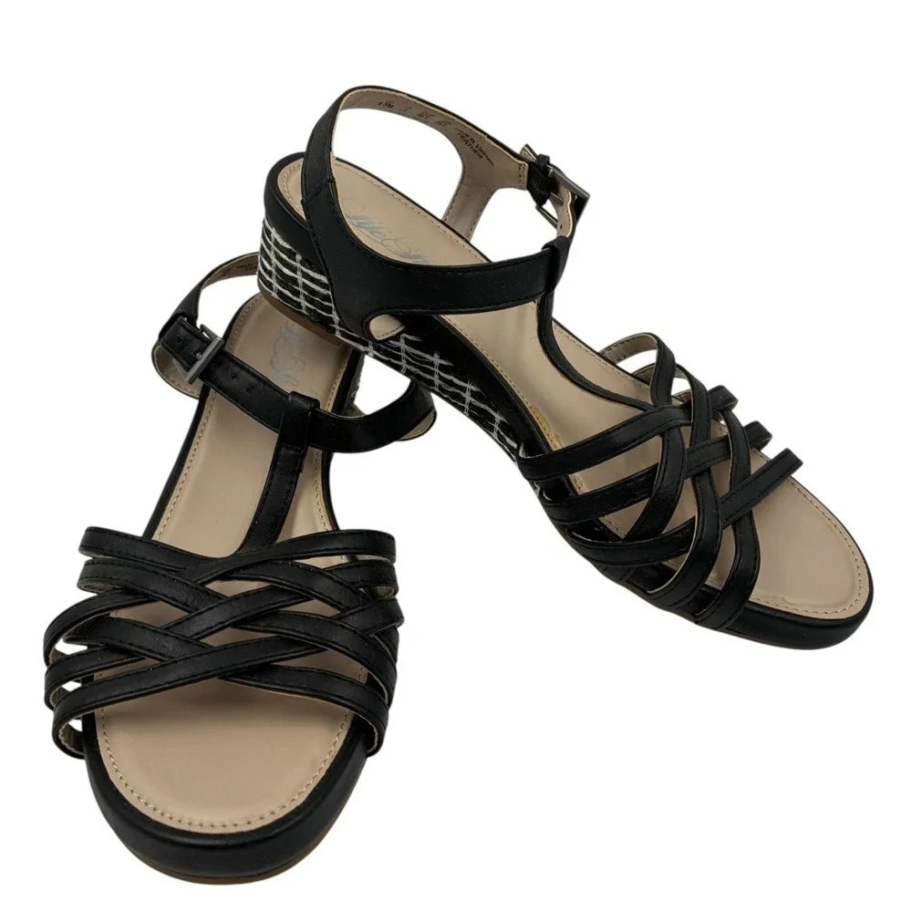 Life Stride Wedge Heel Sandals Ankle Strap Black Feather ‎ 8.5